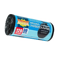 Мешки для мусора 120 л, с ушками, черные, в рулоне 30 шт., ПНД, 15 мкм, 1100х700 мм, Крепак, 4607075710375 в Орле